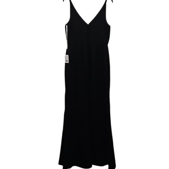 Thread Skinny Strap Deep V-Neck Crepe Trumpet Gown Front Slit Size 8 New Black - Picture 5 of 11